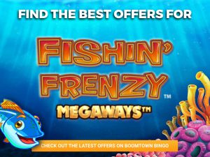 Under water background, with coral and a fish being shown. The logo for fishing Frenzy can be seen, with text stating "Find the best offers for"